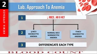 A
N
E
M
I
A
A
P
P
R
O
A
C
H
2 Lab. Approach To Anemia
↓ RBCS , HB & HCT
↓MCV
MICROCYTIC
ANEMIA
NORMAL MCV
NORMOCYTIC
ANEMIA
↑MCV
MACROCYTIC
ANEMIA
DIFFERENCATE EACH TYPE
1
2
3
 