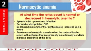 A
N
E
M
I
A
A
P
P
R
O
A
C
H
2 Normocytic anemia
At what time the retics count is normal or
decreased in hemolytic anemia ?
• Aplastic crisis : parvo virus infection
• Decrsed erythropoietin : CKD
• Decreased micronutrient for erythropoiesis : decrees iron &
folate
• Autoimmune hemolytic anemia when the autoantibodies
reacts with antigens that are presently on reticulocytes which
increase clearance of the cells
 