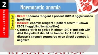A
N
E
M
I
A
A
P
P
R
O
A
C
H
2 Normocytic anemia
• Direct : coombs reagent + patient RBCS if agglutination
(positive)
• Indirect : coombs reagent + patient serum + known
RBCS if agglutination (positive)
• Coombs test is negative in about 10% of patients with
AHA the patient should be treated for AIHA if the
disease is strongly suspected even direct coombs is
negative
Coombs
test
 