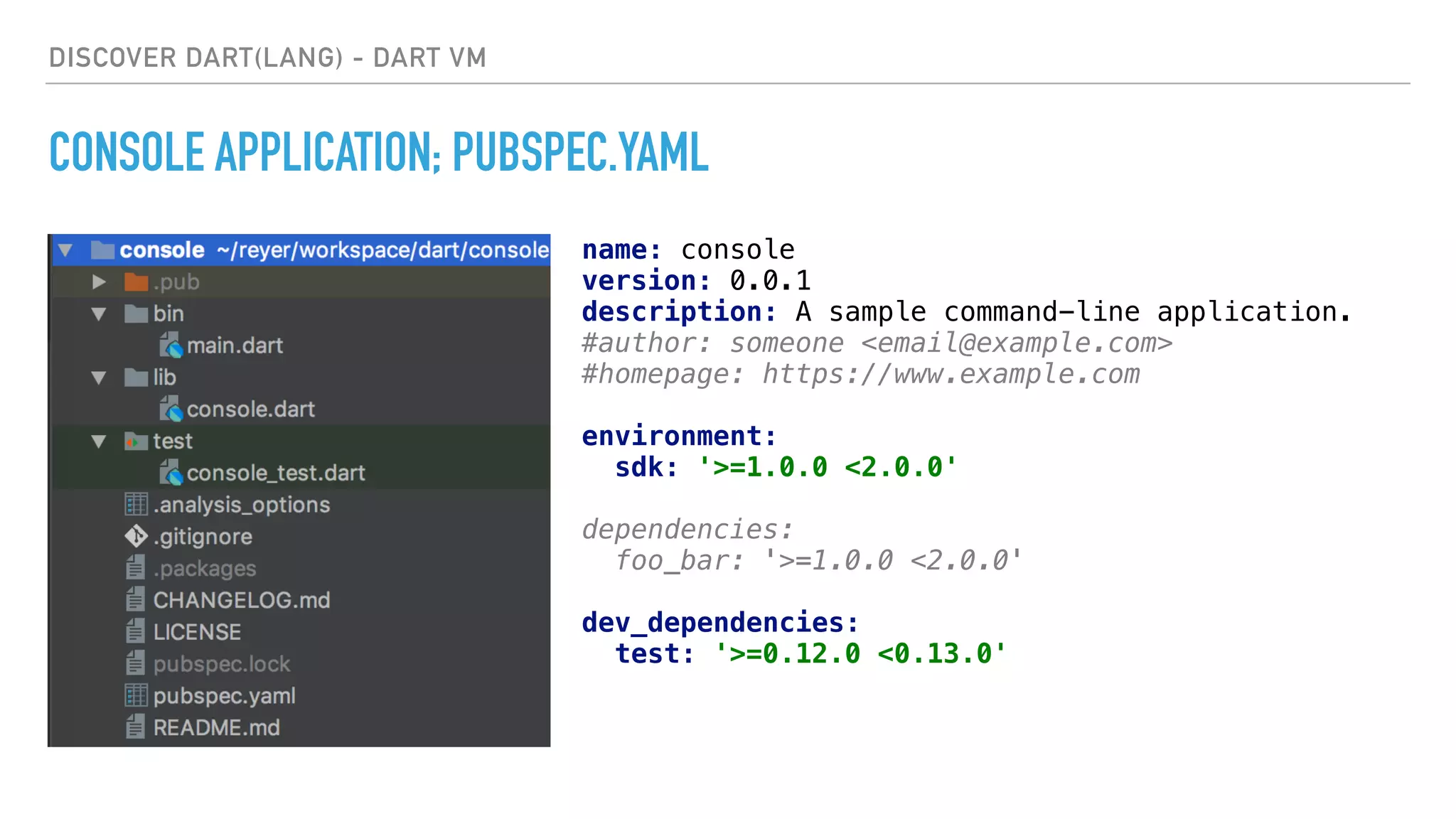 DISCOVER DART(LANG) - DART VM
CONSOLE APPLICATION; PUBSPEC.YAML
name: console 
version: 0.0.1 
description: A sample command-line application. 
#author: someone <email@example.com> 
#homepage: https://www.example.com 
 
environment: 
sdk: '>=1.0.0 <2.0.0' 
 
dependencies: 
foo_bar: '>=1.0.0 <2.0.0' 
 
dev_dependencies: 
test: '>=0.12.0 <0.13.0'
 