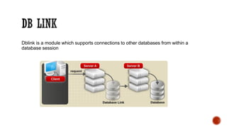 Dblink is a module which supports connections to other databases from within a
database session
 