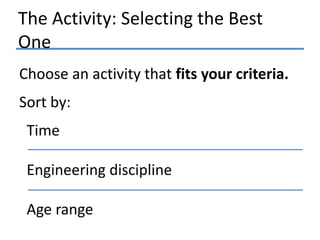 The Activity: Selecting the Best
One
Choose an activity that fits your criteria.
Sort by:

Time
Engineering discipline
Age range

 
