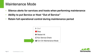 Page13 © Hortonworks Inc. 2014
Maintenance Mode
• Silence alerts for services and hosts when performing maintenance
• Ability to put Service or Host “Out of Service”
• Retain full operational control during maintenance period
 
