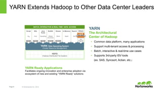 YARN Extends Hadoop to Other Data Center Leaders 
Script 
Pig 
BATCH, INTERACTIVE & REAL-TIME DATA ACCESS 
SQL 
Hive 
TezTez 
Java 
Scala 
Cascading 
Tez 
NoSQL 
HBase 
Accumulo 
Sli der 
1 ° ° ° ° ° ° ° 
Stream 
Storm 
Slider 
HDFS 
In-Memory 
Spark 
(Hadoop Distributed File System) 
° ° ° ° ° ° ° ° 
Page 9 © Hortonworks Inc. 2014 
YARN 
The Architectural 
Center of Hadoop 
• Common data platform, many applications 
• Support multi-tenant access & processing 
• Batch, interactive & real-time use cases 
• Supports 3rd-party ISV tools 
(ex. SAS, Syncsort, Actian, etc.) 
YARN: Data Operating System 
(Cluster Resource Management) 
° ° 
° ° 
Others 
ISV 
Engines 
Search 
Solr 
° ° ° ° ° 
° ° ° ° ° 
YARN Ready Applications 
Facilitates ongoing innovation and enterprise adoption via 
ecosystem of new and existing “YARN Ready” solutions 
 