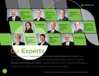 David Heber, M.D., 
Ph.D. 
Chairman 
Nutrition Advisory Board 
and Herbalife Nutrition 
Institute 
Vasilios Frankos, M.S., 
Ph.D. 
Senior Vice President 
Global Regulatory 
Compliance and Product 
Safety 
Gary Small, M. D. 
Member 
Nutrition Advisory Board 
and Herbalife 
Nutrition Institute 
Editorial Board 
Luigi Gratton, M.D., 
M.P.H. 
Vice President 
Worldwide Product 
Marketing 
Paolo Giacomoni, Ph.D. 
Vice President 
Research and Development 
Skincare 
Lou Ignarro, Ph.D. 
Nobel* Laureate in Medicine 
Member 
Nutrition Advisory Board 
and Herbalife Nutrition 
Institute Editorial Board 
Steve Henig, Ph.D. 
Chief Scientific Officer 
Rocío Medina, M.D. 
Vice President 
Nutrition Training 
John Heiss, Ph.D. 
Senior Director 
Sports and Fitness, 
Worldwide Product 
Marketing 
Our Experts 
Herbalife has a team of award-winning scientists, leading experts and trainers, who 
are some of the most respected and accomplished professionals in their field. Our global 
Herbalife Nutrition Advisory Board of experts, educate and train independent Members on 
the principles of nutrition, physical activity and a healthy, active lifestyle. 
*The Nobel Foundation has no affiliation with Herbalife and does not review, approve or endorse Herbalife® products. 
9 
 