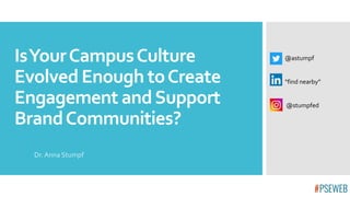 IsYourCampusCulture
Evolved Enough toCreate
Engagement andSupport
BrandCommunities?
Dr.Anna Stumpf
@astumpf
“find nearby”
@stumpfed
 