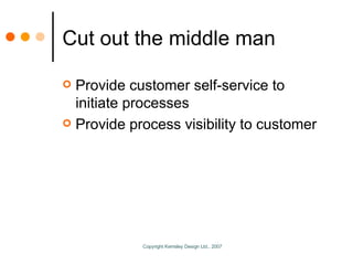Cut out the middle man <ul><li>Provide customer self-service to initiate processes </li></ul><ul><li>Provide process visib...
