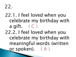 22.1. I feel loved when you
celebrate my birthday with
a gift. ( C )
22.2. I feel loved when you
celebrate my birthday with
meaningful words (written
or spoken). ( A )
 