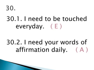 30.1. I need to be touched
everyday. ( E )
30.2. I need your words of
affirmation daily. ( A )
 