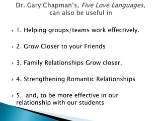  1. Helping groups/teams work effectively.
 2. Grow Closer to your Friends
 3. Family Relationships Grow closer.
 4. Strengthening Romantic Relationships
 5. and, to be more effective in our
relationship with our students
 