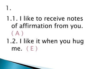 1.1. I like to receive notes
of affirmation from you.
( A )
1.2. I like it when you hug
me. ( E )
 