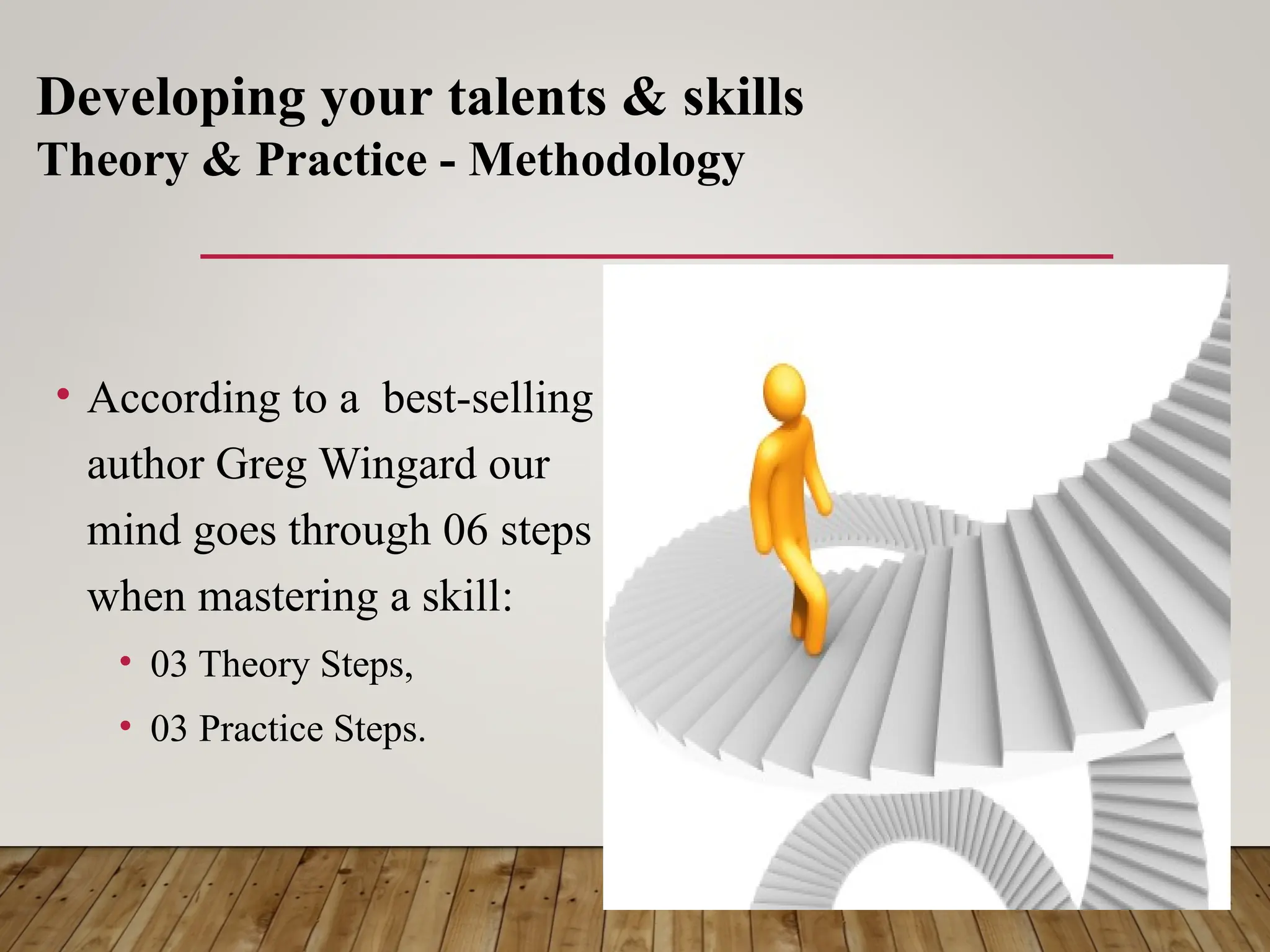 • According to a best-selling
author Greg Wingard our
mind goes through 06 steps
when mastering a skill:
• 03 Theory Steps,
• 03 Practice Steps.
Developing your talents & skills
Theory & Practice - Methodology
 