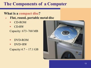 The Components of a Computer
What is a compact disc?
➢ Flat, round, portable metal disc
▪ CD-ROM
▪ CD-RW
Capacity: 673~768 MB
▪ DVD-ROM
▪ DVD+RW
Capacity:4.7 ~ 17.1 GB
13
 