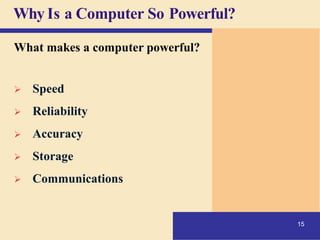 Why Is a Computer So Powerful?
15
What makes a computer powerful?
➢ Speed
➢ Reliability
➢ Accuracy
➢ Storage
➢ Communications
 