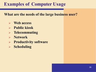 Examples of Computer Usage
39
What are the needs of the large business user?
➢ Web access
➢ Public kiosk
➢ Telecommuting
➢ Network
➢ Productivity software
➢ Scheduling
 
