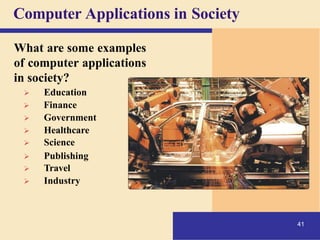 Computer Applications in Society
What are some examples
of computer applications
in society?
➢ Education
➢ Finance
➢ Government
➢ Healthcare
➢ Science
➢ Publishing
➢ Travel
➢ Industry
41
 
