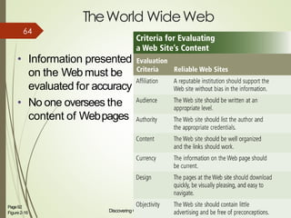 TheWorld WideWeb
• Information presented
on the Web must be
evaluated for accuracy
• No one oversees the
content of Webpages
Discovering Computers 2012: Chapter2
23Page92
Figure2-16
64
 