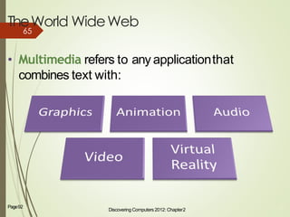 TheWorld WideWeb
• Multimedia refers to any applicationthat
combines text with:
Discovering Computers 2012: Chapter2
24Page92
65
 