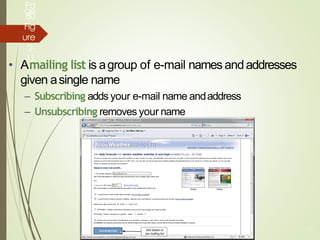Pa
ge
80
Fig
ure
2-
11
• Amailing list is agroup of e-mail names andaddresses
given asingle name
– Subscribing adds your e-mail name andaddress
– Unsubscribing removes your name
38
 