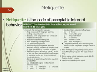 Netiquette
• Netiquette is the code of acceptableInternet
behavior
Page108
Figure2-33
45
86
 