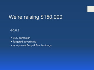We’re raising $150,000
GOALS
 SEO campaign
 Targeted advertising
 Incorporate Ferry & Bus bookings
 