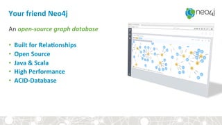 Your+friend+Neo4j+
An&openLsource$graph$database$
&
•  Built+for+RelaEonships+
•  Open+Source+
•  Java+&+Scala+
•  High+Performance+
•  ACIDSDatabase+
&
 
