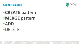 Cypher:+Clauses+
• CREATE&pabern&
• MERGE&pabern&
• ADD&
• DELETE&
 