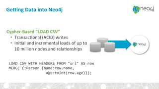 GeYng+Data+into+Neo4j+
CypherSBased+“LOAD+CSV”+
•  Transac4onal&(ACID)&writes&
•  Ini4al&and&incremental&loads&of&up&to&&
10&million&nodes&and&rela4onships&
LOAD%CSV%WITH%HEADERS%FROM%"url"%AS%row%
MERGE%(:Person%{name:row.name,%%
%%%%%%%%%%%%%%%%%age:toInt(row.age)});%
 