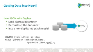 GeYng+Data+into+Neo4j+
Load+JSON+with+Cypher+
•  Send&JSON&as&parameter&
•  Deconstruct&the&document&
•  Into&a&non?duplicated&graph&model&
UNWIND%{json}.items%as%item%
MERGE%(:Person%{name:item.name,%%
%%%%%%%%%%%%%%%%%age:toInt(item.age)});%
 