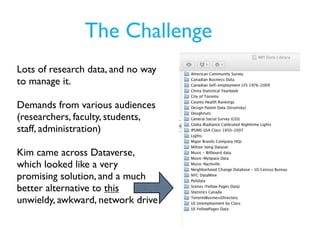 The Challenge
Lots of research data, and no way
to manage it.

Demands from various audiences
(researchers, faculty, stude...