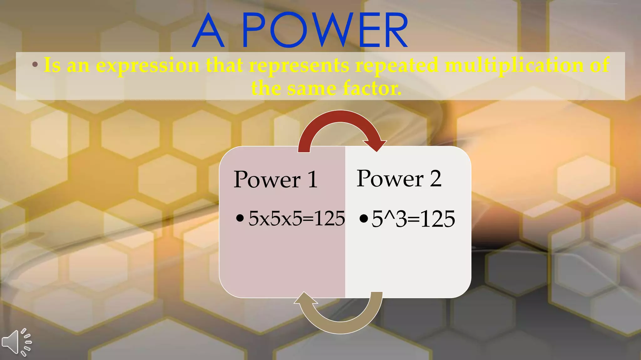 Power 1
•5x5x5=125
Power 2
•5^3=125
• Is an expression that represents repeated multiplication of
the same factor.
A POWER
 