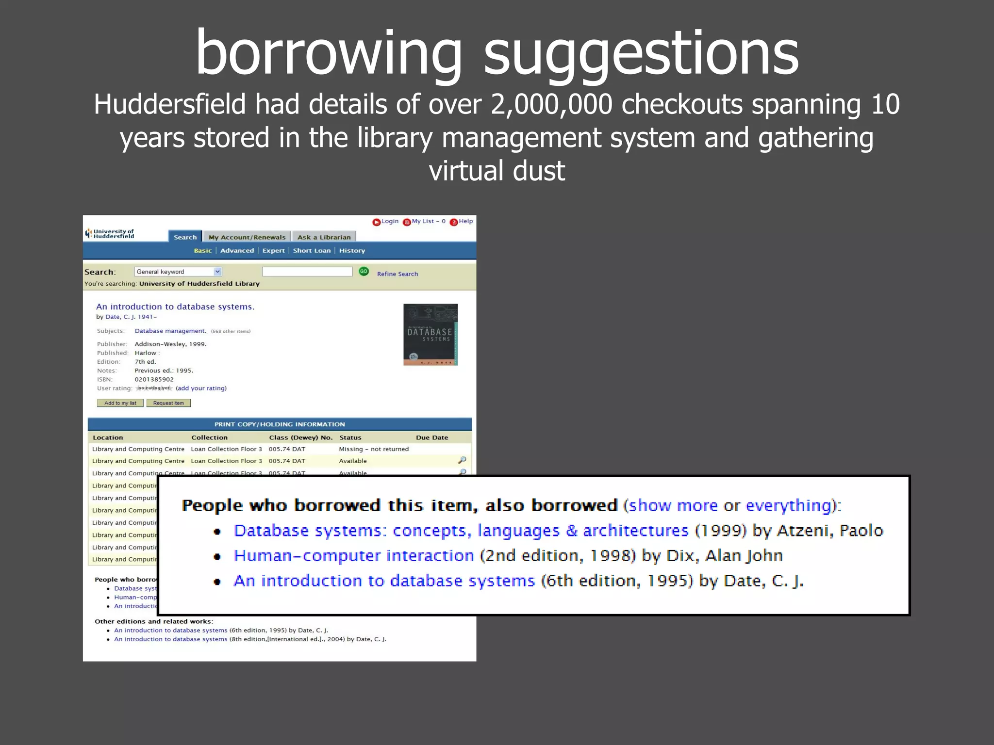 borrowing suggestions Huddersfield had details of over 2,000,000 checkouts spanning 10 years stored in the library management system and gathering virtual dust 