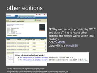 other editions xISBN: http://www.oclc.org/research/projects/xisbn/ thingISBN: http://www.librarything.com/thingology/2006/06/introducing-thingisbn_14. php FRBR-y web services provided by OCLC and LibraryThing to locate other editions and related works within local holdings OCLC’s  xISBN LibraryThing’s  thingISBN 