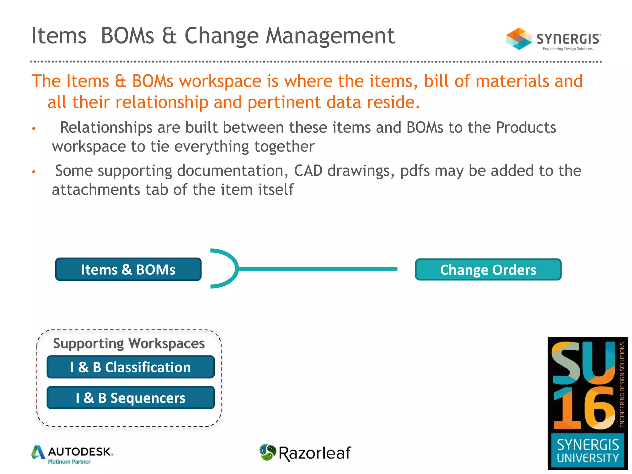 The Items & BOMs workspace is where the items, bill of materials and
all their relationship and pertinent data reside.
• Relationships are built between these items and BOMs to the Products
workspace to tie everything together
• Some supporting documentation, CAD drawings, pdfs may be added to the
attachments tab of the item itself
Items BOMs & Change Management
Change OrdersItems & BOMs
Supporting Workspaces
I & B Classification
I & B Sequencers
 