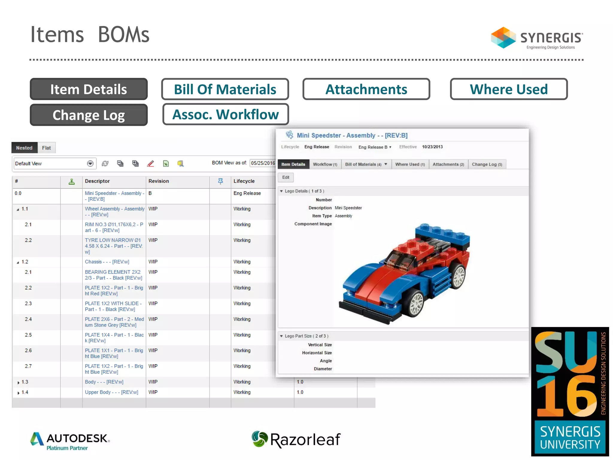 Items BOMs
Item Details Attachments
Change Log Assoc. Workflow
Bill Of Materials Where Used
 