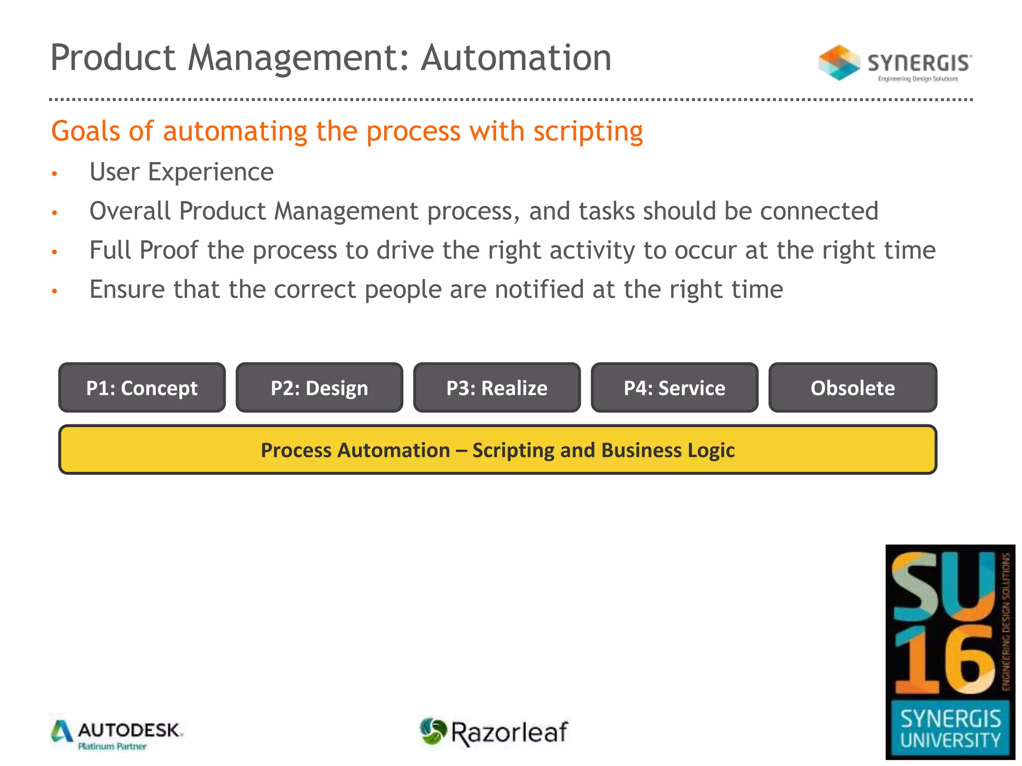 Product Management: Automation
P1: Concept P2: Design P3: Realize P4: Service Obsolete
Goals of automating the process with scripting
• User Experience
• Overall Product Management process, and tasks should be connected
• Full Proof the process to drive the right activity to occur at the right time
• Ensure that the correct people are notified at the right time
Process Automation – Scripting and Business Logic
 