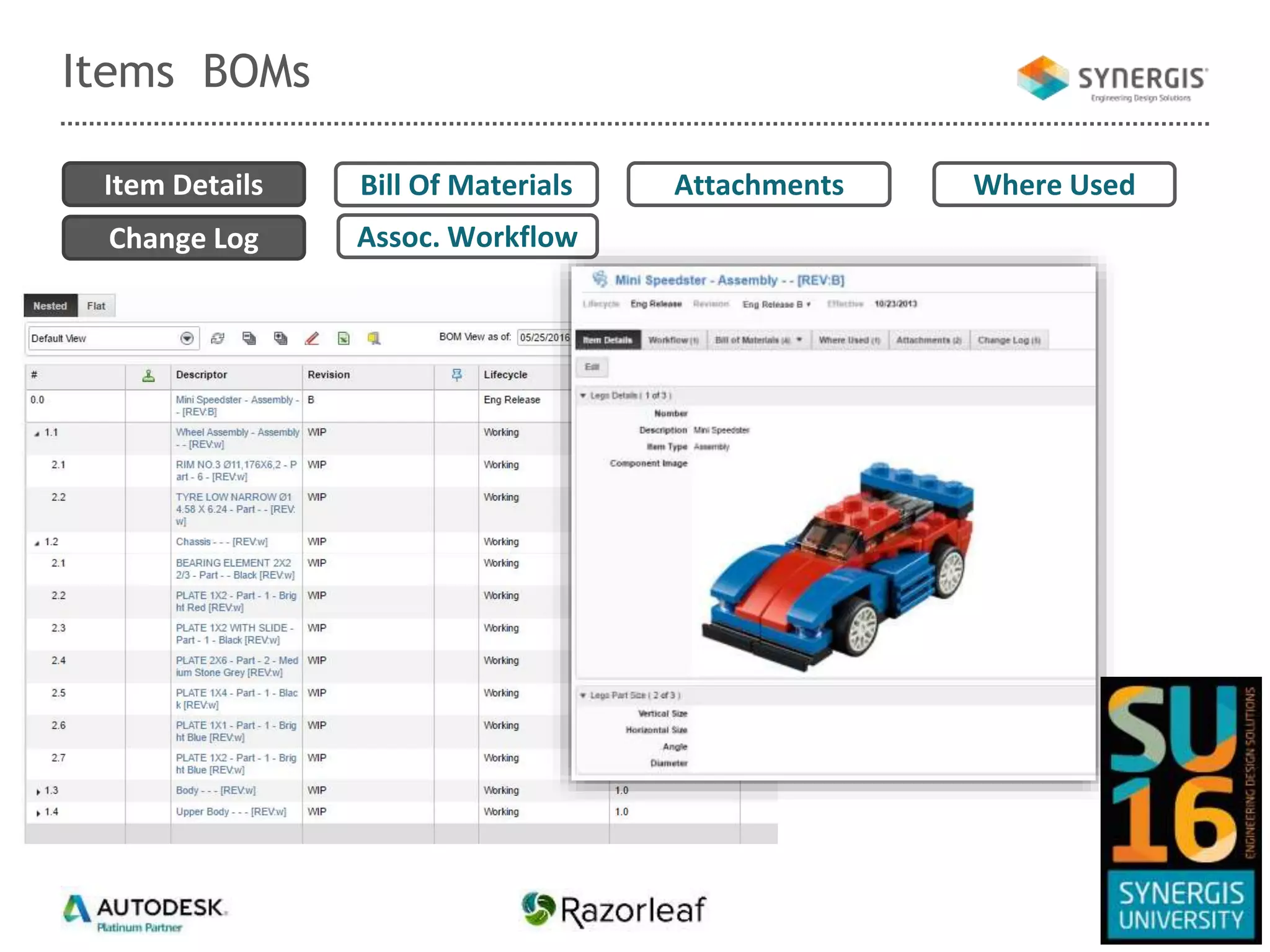 Items BOMs
Item Details Attachments
Change Log Assoc. Workflow
Bill Of Materials Where Used
 