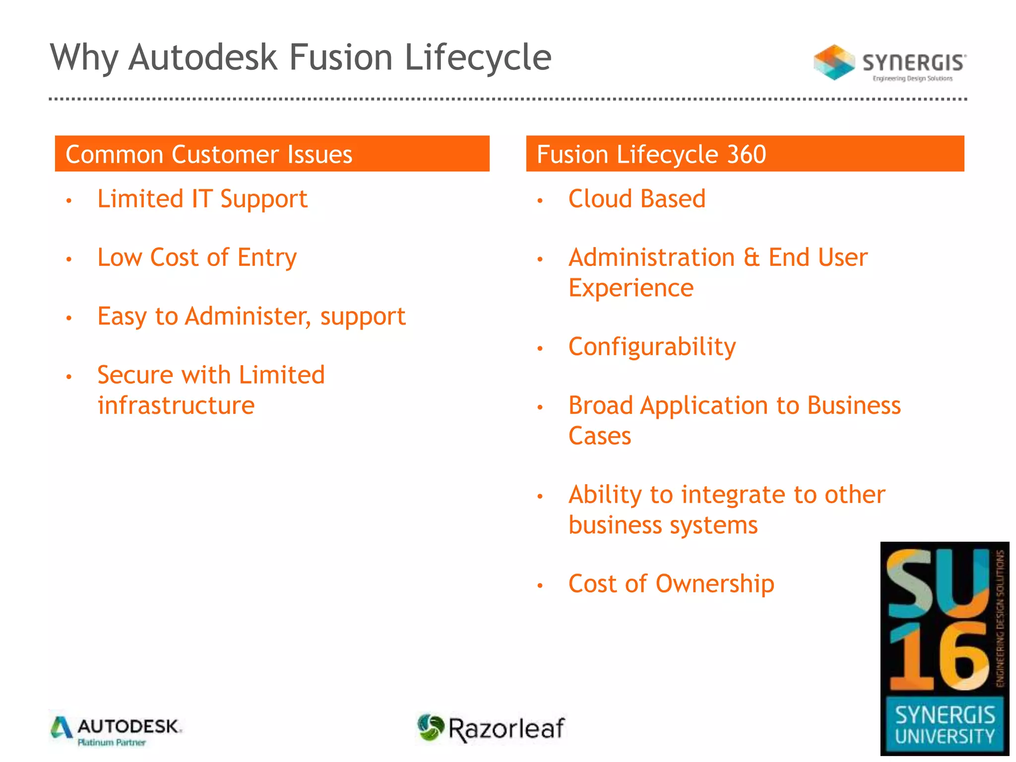 Why Autodesk Fusion Lifecycle
• Limited IT Support
• Low Cost of Entry
• Easy to Administer, support
• Secure with Limited
infrastructure
• Cloud Based
• Administration & End User
Experience
• Configurability
• Broad Application to Business
Cases
• Ability to integrate to other
business systems
• Cost of Ownership
Common Customer Issues Fusion Lifecycle 360
 