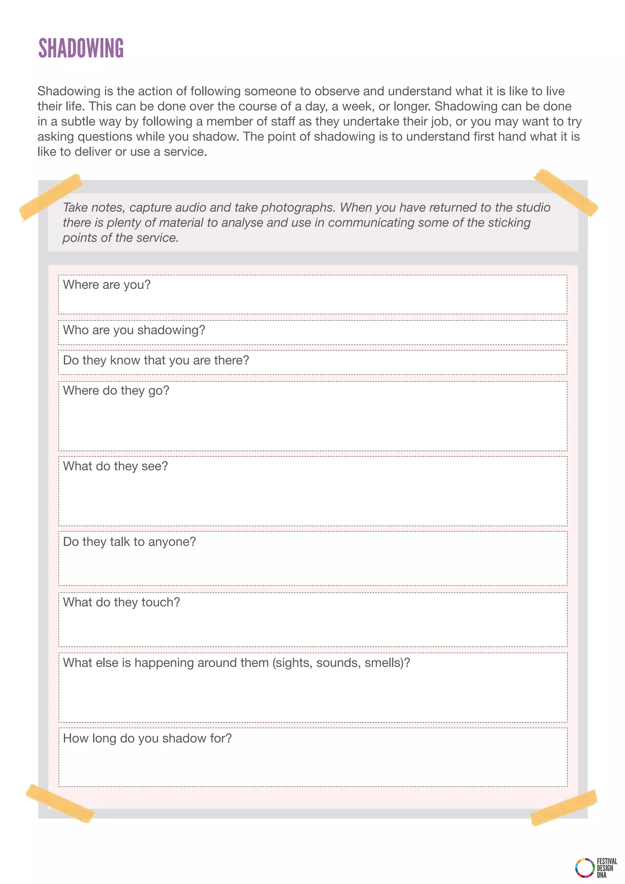 SHADOWING
Shadowing is the action of following someone to observe and understand what it is like to live
their life. This can be done over the course of a day, a week, or longer. Shadowing can be done
in a subtle way by following a member of staff as they undertake their job, or you may want to try
asking questions while you shadow. The point of shadowing is to understand first hand what it is
like to deliver or use a service.



    Take notes, capture audio and take photographs. When you have returned to the studio
    there is plenty of material to analyse and use in communicating some of the sticking
    points of the service.


    Where are you?


    Who are you shadowing?

    Do they know that you are there?

    Where do they go?




    What do they see?




    Do they talk to anyone?



    What do they touch?



    What else is happening around them (sights, sounds, smells)?




    How long do you shadow for?




                                                                                                     FESTIVAL
                                                                                                     DESIGN
                                                                                                     DNA
 