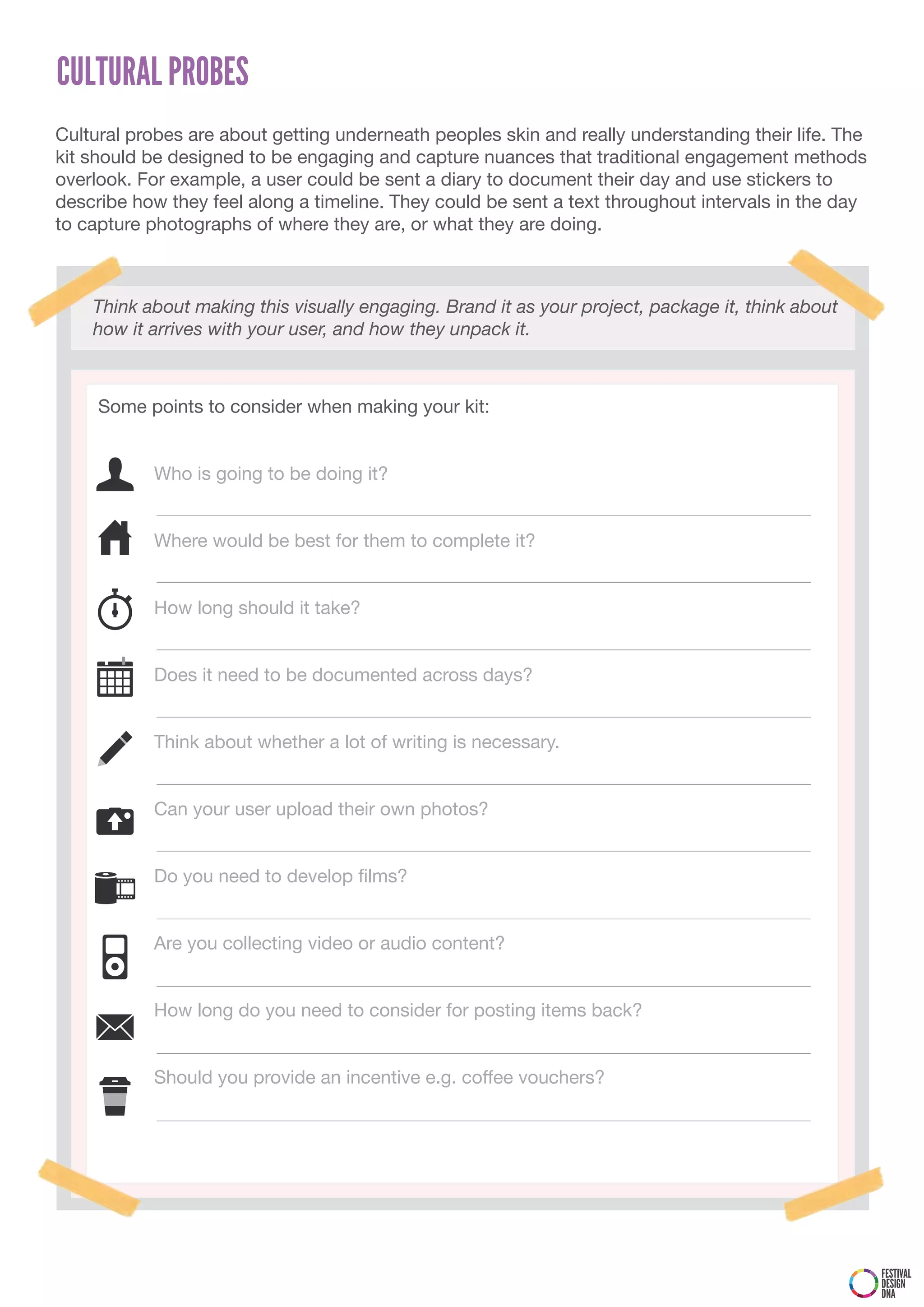 CULTURAL PROBES
Cultural probes are about getting underneath peoples skin and really understanding their life. The
kit should be designed to be engaging and capture nuances that traditional engagement methods
overlook. For example, a user could be sent a diary to document their day and use stickers to
describe how they feel along a timeline. They could be sent a text throughout intervals in the day
to capture photographs of where they are, or what they are doing.



    Think about making this visually engaging. Brand it as your project, package it, think about
    how it arrives with your user, and how they unpack it.



     Some points to consider when making your kit:


           Who is going to be doing it?


           Where would be best for them to complete it?


           How long should it take?


           Does it need to be documented across days?


           Think about whether a lot of writing is necessary.


           Can your user upload their own photos?


     	     Do	you	need	to	develop	films?


           Are you collecting video or audio content?


           How long do you need to consider for posting items back?


           Should you provide an incentive e.g. coffee vouchers?




                                                                                                     FESTIVAL
                                                                                                     DESIGN
                                                                                                     DNA
 