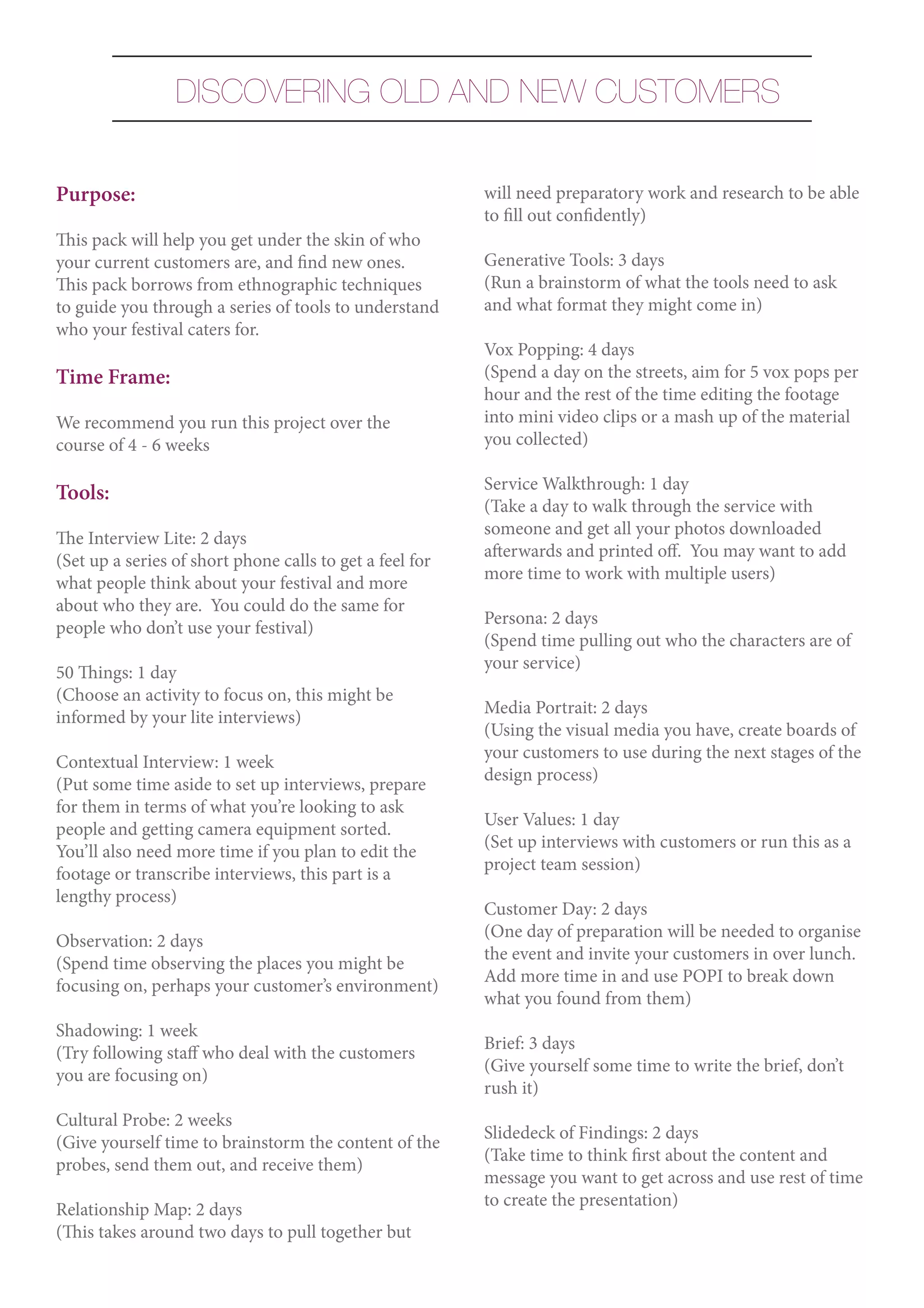 DISCOVERING OLD AND NEW CUSTOMERS


Purpose:                                                  will need preparatory work and research to be able
                                                          to fill out confidently)
This pack will help you get under the skin of who
your current customers are, and find new ones.            Generative Tools: 3 days
This pack borrows from ethnographic techniques            (Run a brainstorm of what the tools need to ask
to guide you through a series of tools to understand      and what format they might come in)
who your festival caters for.
                                                          Vox Popping: 4 days
Time Frame:                                               (Spend a day on the streets, aim for 5 vox pops per
                                                          hour and the rest of the time editing the footage
We recommend you run this project over the                into mini video clips or a mash up of the material
course of 4 - 6 weeks                                     you collected)

                                                          Service Walkthrough: 1 day
Tools:
                                                          (Take a day to walk through the service with
                                                          someone and get all your photos downloaded
The Interview Lite: 2 days
                                                          afterwards and printed off. You may want to add
(Set up a series of short phone calls to get a feel for
                                                          more time to work with multiple users)
what people think about your festival and more
about who they are. You could do the same for
                                                          Persona: 2 days
people who don’t use your festival)
                                                          (Spend time pulling out who the characters are of
                                                          your service)
50 Things: 1 day
(Choose an activity to focus on, this might be
                                                          Media Portrait: 2 days
informed by your lite interviews)
                                                          (Using the visual media you have, create boards of
                                                          your customers to use during the next stages of the
Contextual Interview: 1 week
                                                          design process)
(Put some time aside to set up interviews, prepare
for them in terms of what you’re looking to ask
                                                          User Values: 1 day
people and getting camera equipment sorted.
                                                          (Set up interviews with customers or run this as a
You’ll also need more time if you plan to edit the
                                                          project team session)
footage or transcribe interviews, this part is a
lengthy process)
                                                          Customer Day: 2 days
                                                          (One day of preparation will be needed to organise
Observation: 2 days
                                                          the event and invite your customers in over lunch.
(Spend time observing the places you might be
                                                          Add more time in and use POPI to break down
focusing on, perhaps your customer’s environment)
                                                          what you found from them)
Shadowing: 1 week
                                                          Brief: 3 days
(Try following staff who deal with the customers
                                                          (Give yourself some time to write the brief, don’t
you are focusing on)
                                                          rush it)
Cultural Probe: 2 weeks
                                                          Slidedeck of Findings: 2 days
(Give yourself time to brainstorm the content of the
                                                          (Take time to think first about the content and
probes, send them out, and receive them)
                                                          message you want to get across and use rest of time
                                                          to create the presentation)
Relationship Map: 2 days
(This takes around two days to pull together but
 