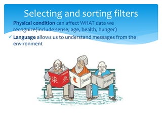 Physical condition can affect WHAT data we
recognize(include sense, age, health, hunger)
Language allows us to understand messages from the
environment
Selecting and sorting filters
 