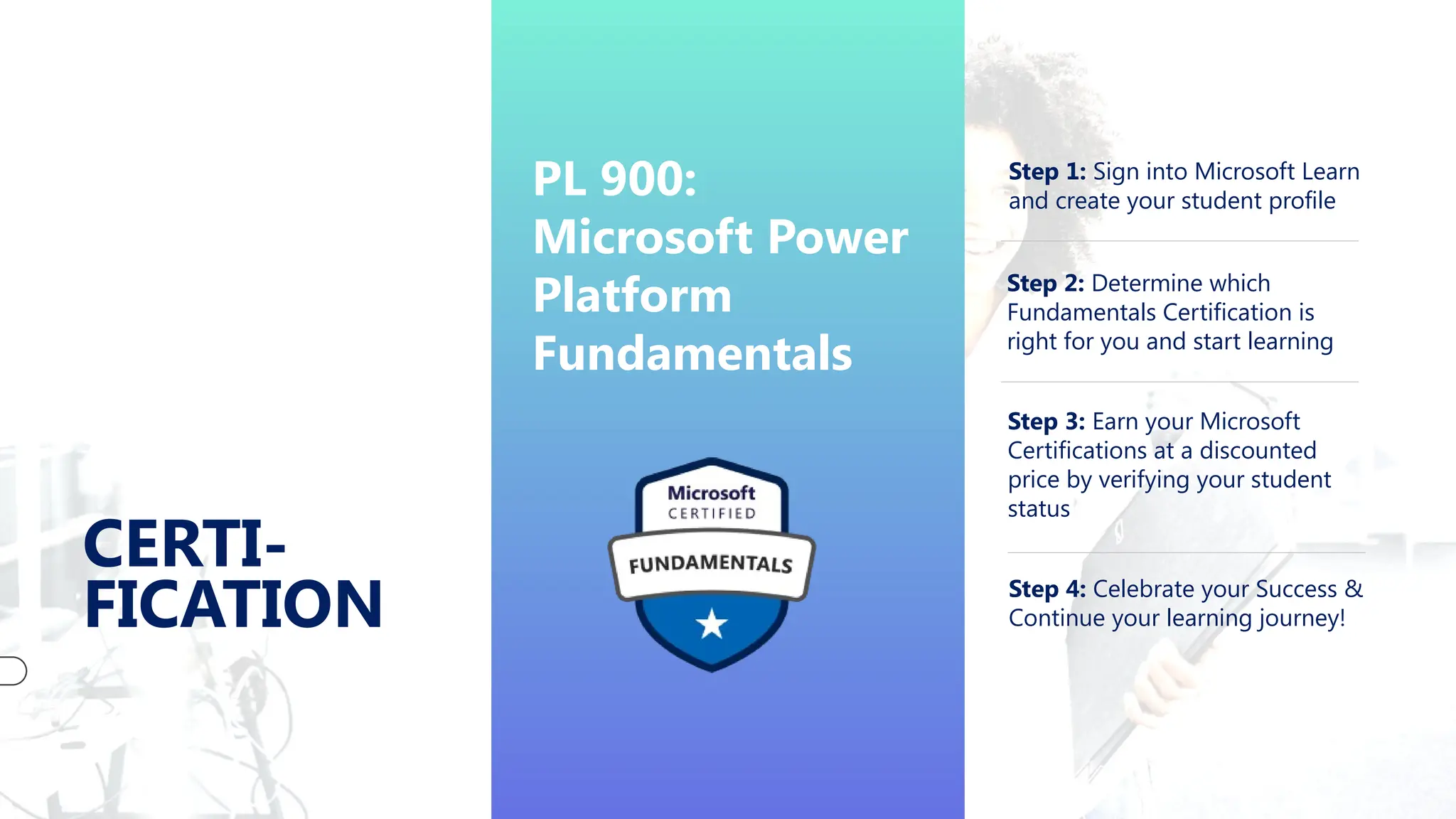CERTI-
FICATION
PL 900:
Microsoft Power
Platform
Fundamentals
Step 1: Sign into Microsoft Learn
and create your student profile
Step 2: Determine which
Fundamentals Certification is
right for you and start learning
Step 3: Earn your Microsoft
Certifications at a discounted
price by verifying your student
status
Step 4: Celebrate your Success &
Continue your learning journey!
 