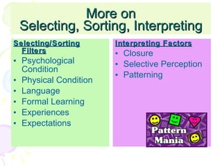 More on Selecting, Sorting, Interpreting Selecting/Sorting Filters Psychological Condition Physical Condition Language Formal Learning Experiences Expectations Interpreting Factors Closure Selective Perception Patterning 