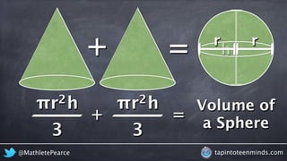 πr2h 
3 
+ = rh 
πr2h 
3 
r 
+ = Volume of 
a Sphere 
@MathletePearce tapintoteenminds.com 
 