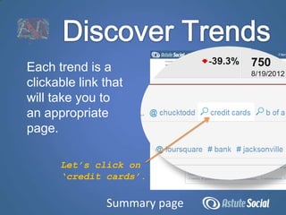 Each trend is a
clickable link that
will take you to
an appropriate
page.

      Let’s click on
      ‘credit cards’.

               Summary page
 