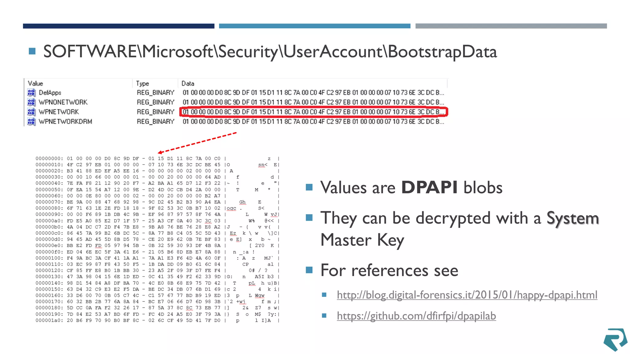  SOFTWAREMicrosoftSecurityUserAccountBootstrapData
 Values are DPAPI blobs
 They can be decrypted with a System
Master Key
 For references see
 http://blog.digital-forensics.it/2015/01/happy-dpapi.html
 https://github.com/dfirfpi/dpapilab
 