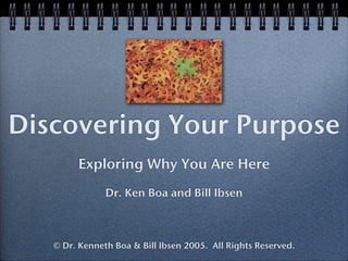 Discovering Your Purpose
        Exploring Why You Are Here
               Dr. Ken Boa and Bill Ibsen



   © Dr. Kenneth Boa & Bill Ibsen 2005. All Rights Reserved.
 