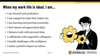 When my work life is ideal, I am…
▪ I am focused and productive.
▪ I am engaged in tasks that inspire me.
▪ I am learning and growing constantly.
▪ I feel valued and appreciated daily.
▪ I balance work with personal time.
▪ I collaborate with supportive colleagues.
▪ I handle challenges with confidence.
▪ I make a positive impact on others.
DISCOVERING YOUR PURPOSE PAGE 11
 