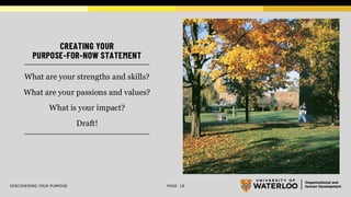 CREATING YOUR
PURPOSE-FOR-NOW STATEMENT
DISCOVERING YOUR PURPOSE PAGE 18
What are your strengths and skills?
What are your passions and values?
What is your impact?
Draft!
 